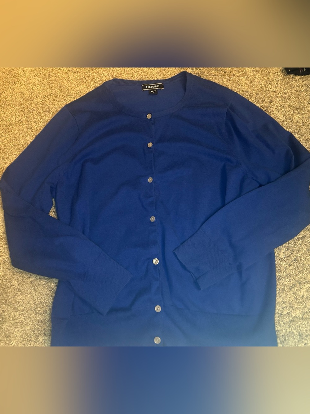 Lands' End Women's Fine Gauge Crew Neck Cardigan Sweater Blue XL / Petite